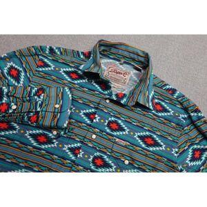 Rafter C Pearl Snap Shirt Mens Medium Blue Pro Flex 45 Western Aztec Cowboy